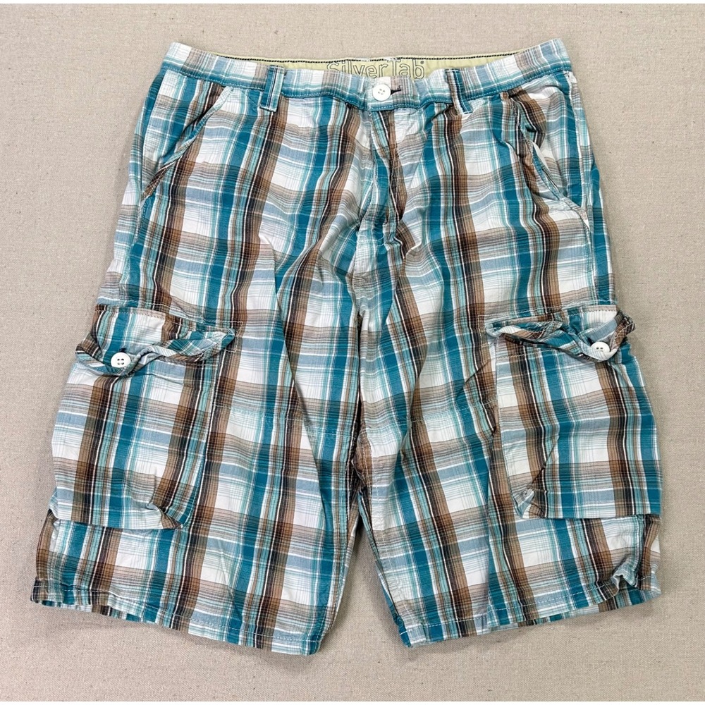 Levi's SilverTab Mens 36 Plaid Cargo Shorts Teal Brown White Cotton